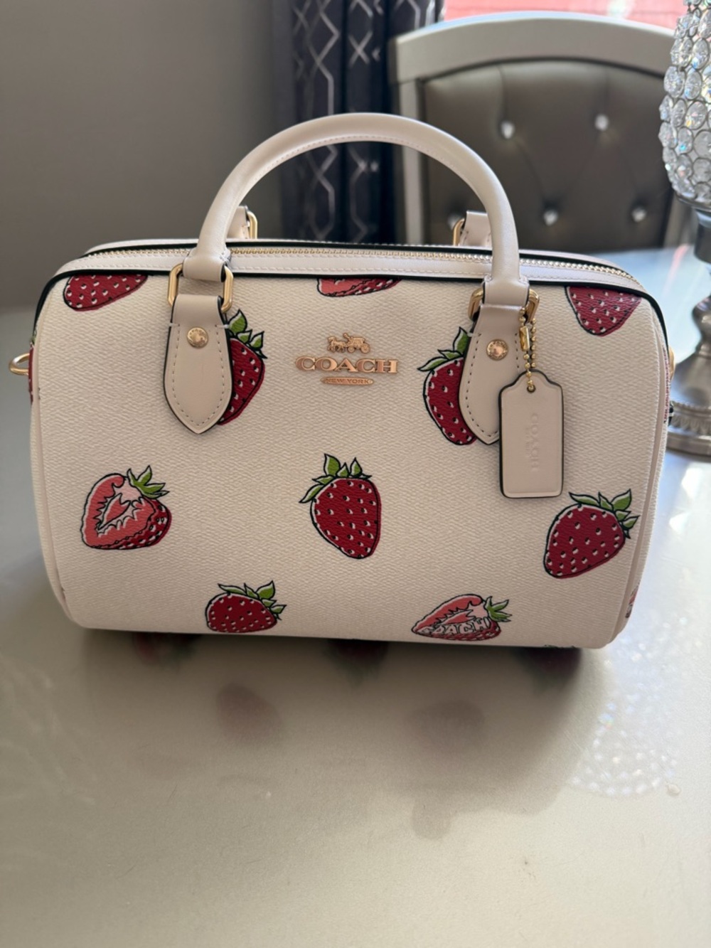 Coach Cream Satchel with Red Strawberry Print - Medium Rowan